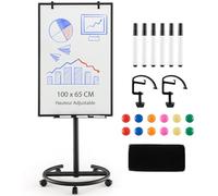 GOPLUS Tableau Blanc Mobile Magnétique avec Hauteur Réglable, Tableau Blanc Rotatif à 360° avec 4 Roues, Effaceur, Aimants, Tableau Effaçable, pour École,Bureau (Noir|Base Rond, 65l x 100H cm)