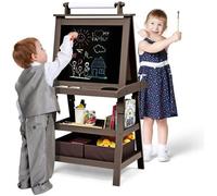 GOPLUS Tableau Enfant Noir/Blanc Magnétique 59x50x117CM,Chevalet Double Face avec Rouleau de Papier et Boîtes de Rangement,Marron