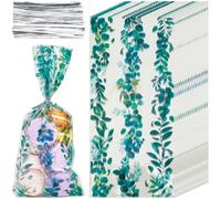 GORGECRAFT 100 Sachet de Friandises en Forme de Feuilles Hawaïennes Vertes avec Attaches Torsadées Sachets Transparents en Cellophane pour Anniversaires Mariages Fêtes de Noël 27.4x12.4cm