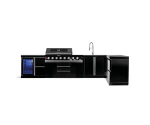 GORILLER® BLACKBACK XL2 Cuisine d'extérieur, barbecue à gaz XXL avec réfrigérateur, évier, plan de travail supplémentaire, espace de rangement et coin, inox, noir