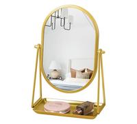 Gosider Miroir de coiffeuse ovale doré avec plateau | Miroir de maquillage avec support, cadre en métal, rotation réglable à 360°, pour bureau, dortoir, chambre à coucher