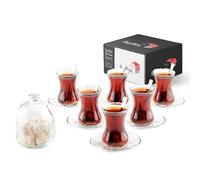 GOSOYO Le Service à thé Turc Traditionnel 19 Pièces Comprend; 6 Verres Tasses à Thé (135ml/4.5 oz), 6 Soucoupes, 6 Cuillères en Acier Inoxydable et Sucrier avec Couvercle en Verre (255ml/8.6 oz)