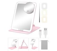 Gospire Miroir de maquillage de voyage avec lumières et grossissement x10 | Miroir de courtoisie portable compact avec support réglable, 3 couleurs à intensité variable, miroir de courtoisie LED