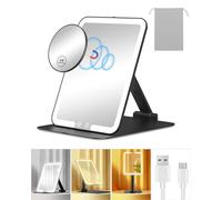 Gospire Miroir de maquillage de voyage avec lumières et grossissement x10, miroir de table compact portable avec support réglable, 3 lumières colorées, miroir de courtoisie lumineux LED rechargeable -