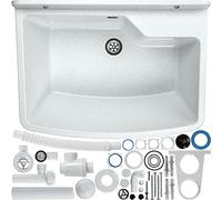 GOSPO Bassin d'évier, 61 x 44 x 23,5 cm, en plastique, avec trop-plein, siphon, évier, avec accessoires, buanderie, lavabo de jardin (blanc/gris)