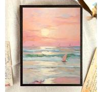 GOSRD Impression sur toile : Coucher de soleil sur la côte, tableau mural représentant une plage rose et dorée avec des voiliers et des eaux turquoise (50 x 70 cm, sans cadre)