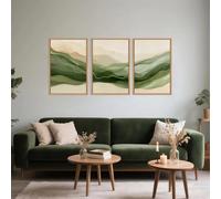 GOSRD Tableau sur toile abstrait à motif de vague de fumée, art mural minimaliste à l'encre, lignes aquarelle vertes et beiges, salon (30 x 45 cm - 3 pièces/cadre intérieur)