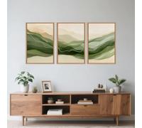 GOSRD Tableau sur toile abstrait à motif de vague de fumée, art mural minimaliste à l'encre, lignes aquarelle vertes et beiges, salon (50 x 70 cm - 3 pièces)
