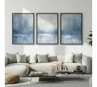 GOSRD Tableau sur toile bleu ardoise et blanc, art mural, affiche abstraite côtière, paysage de forêt brumeuse, décoration pour chambre (30x50cm-3 pièces)