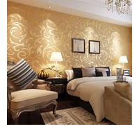 GOTOTOP 10M Rouleau de Papier-Peint 3D Baroque Sticker Mural Etanche et Ignifuge pour Décoration Salon Chambre (Or)