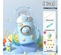 Gourde,Bouteille d'eau thermique pour enfants, tasse thermos avec paille, flacons sous vide en acier inoxydable,bleu 650ml