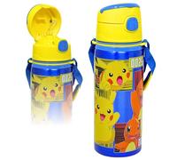 Gourde Enfant Garçon 600ml pour fans de Pokémon - Bouteille d'Eau Aluminium avec Paille, Bandoulière et Étiquette Prénom - Anti-Fuite, Sans BPA pour École Maternelle et Primaire (3-10 Ans)