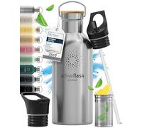 Gourde Inox Isotherme ACTIVE FLASK 1l/500ml sans BPA + Paille (3 Bouchons) | Bouteille d’eau Acier Inoxydable Isolée, Thermos Réutilisable | Camping Velo Sport Running Randonnée Enfant, Café The