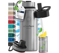 Gourde Inox Isotherme ACTIVE FLASK 1l/500ml sans BPA + Paille (3 Bouchons) | Bouteille d’eau Acier Inoxydable Isolée, Thermos Réutilisable | Camping Velo Sport Running Randonnée Enfant, Café The