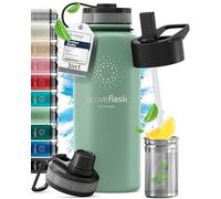 Gourde Inox Isotherme ACTIVE FLASK 1l/500ml sans BPA + Paille (3 Bouchons) | Bouteille d’eau Acier Inoxydable Isolée, Thermos Réutilisable | Camping Velo Sport Running Randonnée Enfant, Café The