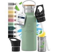 Gourde Inox Isotherme ACTIVE FLASK 1l/500ml sans BPA + Paille (3 Bouchons) | Bouteille d’eau Acier Inoxydable Isolée, Thermos Réutilisable | Camping Velo Sport Running Randonnée Enfant, Café The