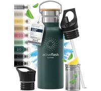 Gourde Inox Isotherme ACTIVE FLASK 1l/500ml sans BPA + Paille (3 Bouchons) | Bouteille d’eau Acier Inoxydable Isolée, Thermos Réutilisable | Camping Velo Sport Running Randonnée Enfant, Café The