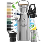 Gourde Inox Isotherme ACTIVE FLASK 1l/500ml sans BPA + Paille (3 Bouchons) | Bouteille d’eau Acier Inoxydable Isolée, Thermos Réutilisable | Camping Velo Sport Running Randonnée Enfant, Café The