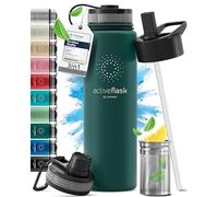Gourde Inox Isotherme ACTIVE FLASK 1l/500ml sans BPA + Paille (3 Bouchons) | Bouteille d’eau Acier Inoxydable Isolée, Thermos Réutilisable | Camping Velo Sport Running Randonnée Enfant, Café The