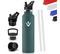 Gourde Isotherme 1L, étanche sans BPA, Bouteille Isotherme, Double Paroi, Gourde Paille, 18/8 Acier Inoxydable, Water Bottle, Réutilisable, Bouteille d'eau pour Sport, Randonnée, Bureau - Vert kaki