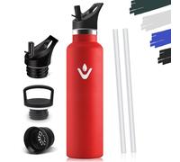 Gourde Isotherme 1L, étanche sans BPA, Bouteille Isotherme, Double Paroi, Gourde Paille, 18/8 Acier Inoxydable, Water Bottle, Réutilisable, Bouteille d'eau pour Sport, Randonnée, Bureau - Rouge