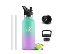 Gourde Isotherme 500 ML, Réutilisable, Bouteille d'eau Sans BPA, Anti-Fuite, Gourde Inox avec Paille, Isolation sous Vide en Acier Inoxydable à Double Paroi, pour Camping, Vert lac et violet clair