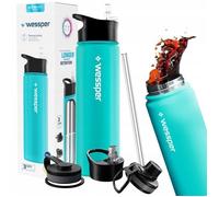 Gourde Isotherme Wessper ActiveMax Steeline - Bouteille en Acier - 3 Bouchons - 700ml - Turquoise