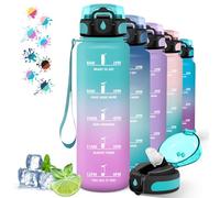 Gourde Sport 1L Anti-Fuite Paille Running Graduée Temps, Facile Nettoyer, Outdoor Yoga Randonnée Camping Vert-Rose