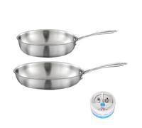 CUISINOX - Gourmet - Poêle inox 28 cm, Sauteuse inox 24 cm, Pierre d'argent - Poignée fixe - Triply - Compatible tous feux - Acier inox 18/1 - Sans PFAS, PTFE, PFOA - Made in France
