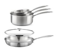 Gourmet - Lot de 3 casseroles inox 16/18/20 cm, 1 poêle inox 24 cm, 1 couvercle 24 cm