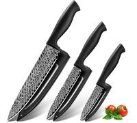 Gourmetop Lot de 3 couteaux de cuisine noirs tranchants avec protège-lames | de chef 20,3 cm, universel 12,7 cm et office 8,9 cm, revêtement antiadhésif alimentaire, pour couper et éplucher