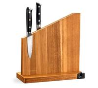Gourmetop Porte-couteaux magnétique avec aiguiseur intégré, 100 % bois d'acacia magnétique sans couteaux, support de couteaux magnétique double face solide pour l'organisation du comptoir de cuisine