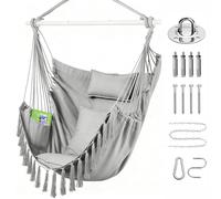 Goutime Chaise Suspendue XXL, avec 2 Coussins et 1 Oreiller pour Cou | balançoire de détente avec barre d’acier renforcée et pochette de rangement latérale (Gris)