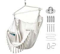 Goutime Chaise Suspendue XXL, avec 2 Coussins et 1 Oreiller pour Cou | balançoire de détente avec barre d’acier renforcée et pochette de rangement latérale (Beige)