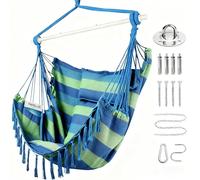Goutime Chaise Suspendue XXL, avec 2 Coussins et 1 Oreiller pour Cou | balançoire de détente avec barre d’acier renforcée et pochette de rangement latérale (Bleu Vert)