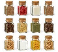 gouveo Lot de 12 bocaux à épices carrés (0,15 l) avec bouchon en liège à pression, pots de rangement en verre transparent pour ingrédients secs