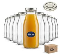 gouveo Lot de 12 bouteilles en verre rondes (0,25 l) avec bouchons à vis Twist-Off TO 43, grande ouverture, flacons pour jus smoothie sirop huile vinaigre (SF250S)