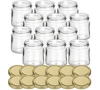 gouveo Lot de 12 Pots à Confiture 250g Miel avec Couvercle à vis doré - Petits Pots à provisions avec Bouchon à vis TO66 - Pots à Confiture vides, Pots à épices