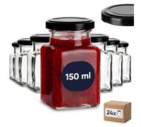 gouveo Lot de 24 bocaux de conservation 150 ml carrés avec couvercle à vis noir mat - petits pots de conservation avec bouchon à vis - pots de confiture vides, bocaux de conservation (EGE150SZ)