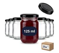 gouveo Lot de 25 bocaux 125 ml type pot droit rond (0,125 l) avec couvercle Twist-Off noir, bocaux en verre transparent pour confiture miel épices desserts (HEG125SZ)