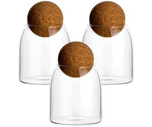 gouveo Lot de 3 bocaux de conservation ronds en verre borosilicate de 400 ml avec bouchon à billes - Bocaux de conservation en borosilicate avec bouchon en liège - Récipient en verre cuisine pour