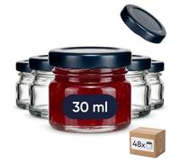 gouveo Lot de 48 bocaux de conserve mini (0,03 l) avec couvercle Twist-Off TO 43 noir mat, bocaux ronds en verre pour épices, herbes, confiture, réserves (EGR030SZBS)