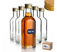 gouveo Lot de 48 bouteilles en verre Maraska (0,10 l) avec bouchons à vis dorés, flacons carrés pour liqueur sirop huile vinaigre PP 24 (MFET100G)
