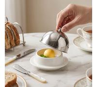 GOWENIC Beurrier de Décoration de Table avec Couvercle en Dôme | Gardien en Céramique avec Couvercle en Acier Inoxydable pour Fromage et Fête (haut argenté)