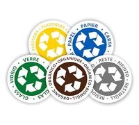 GOYAPRINT Autocollants Recyclage Lot de 5 Verre Papier Plastique 5cm | Étiquettes Adhésives pour Tri des Déchets, Multi-Langues | Extérieur et Intérieur, Maison et Bureau