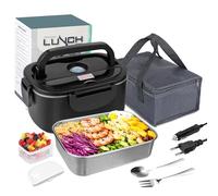 Gpanvor Gamelle Chauffante 80W, 1.5L Lunch Box Électrique et Sac Isotherme | Bac Acier Inox 304, Chauffage PTC, 12V 24V 110V 220V 4 en 1, Fourchette et Cuillère, pour Voiture, Camion, Bureau, Étanche