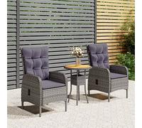 GPUTYGHN Ensemble de bistro de jardin 3 pièces, gris, fauteuil en polyrotin avec coussin, dossier réglable avec vérin à gaz, cadre en acier, charge maximale de 110 kg par siège