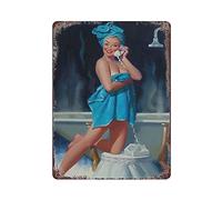 GQWJKSZ Panneau métallique en étain bleu, serviette Pin Up Girl, affiche Vintage en étain, décoration murale, cuisine de campagne, maison, Garage, 16x12 pouces