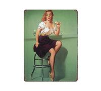 GQWJKSZ Pin Up Girl assise sur une chaise, Plaque métallique en étain, peinture artistique suspendue en fer rétro, décoration murale pour la maison, la cuisine, le jardin, le Garage, 16x12 pouces