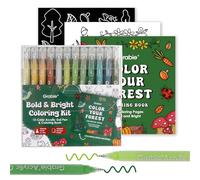 Grabie kit coloriage avec livre, 12 stylos gel acryliques Forêt | Encre gel opaque, pointe moyenne 1,0 mm, couleurs fluides, pour coloriage adulte et journal créatif, idéal comme cadeau